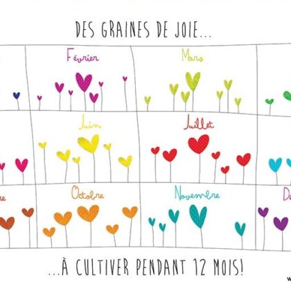 carte postale illustrée par valentine iokem et éditée aux éditions de cortil ges graines de joies à cultiver pendant 12 mois