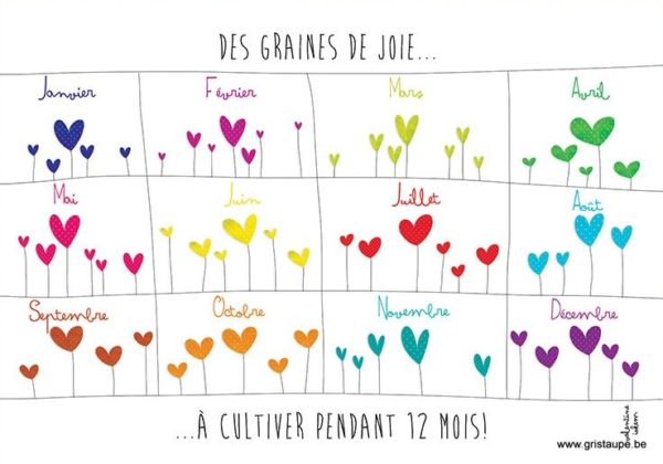 carte postale illustrée par valentine iokem et éditée aux éditions de cortil ges graines de joies à cultiver pendant 12 mois