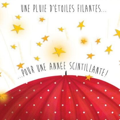 carte postale illustrée par valentine iokem et éditée aux éditions de cortil unepluie d'étoiles filantes pour une année scintillante