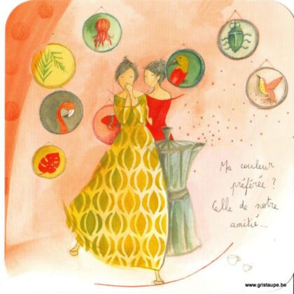 carte postale illustrée par anne sophie rutsaert et éditée aux éditions des correspondances représentant deux amies autour d'une cafetière italienne