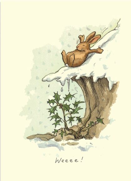 Carte de voeux avec texte en anglais représentant un lapin sur une pente enneigée dont la course va se terminer sur une branche de gui