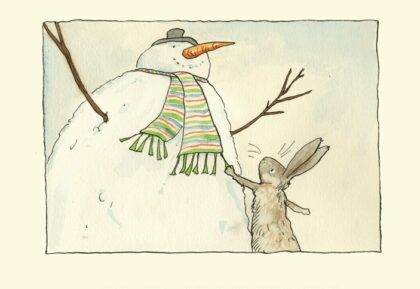 Carte de voeux avec texte en anglais représentant un lapin qui touche l'écharpe d'un bonhomme de neige