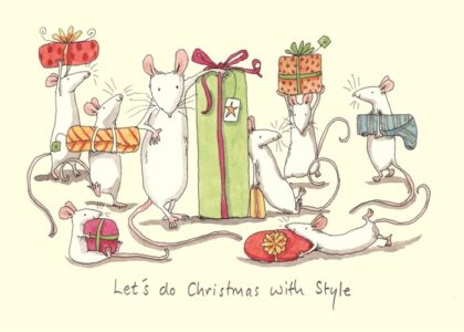 Carte de voeux avec texte en anglais représentant 8 souris blanches portant chacune un cadeau