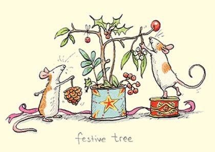 Carte de voeux représentant 2 souris décorant une branche de gui pour Noël