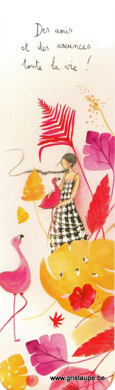 Marque-page d'Anne-Sophie Rutsaert avec des fleurs, des flamants roses et une dame