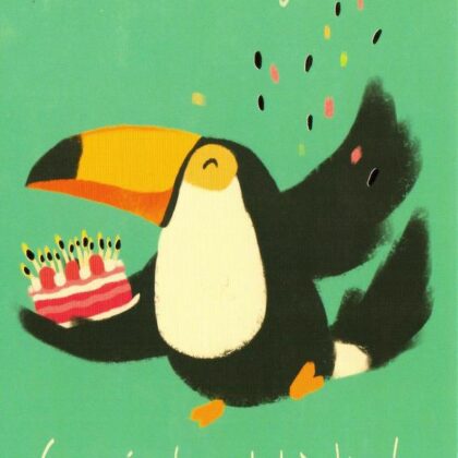 Carte d'anniversaire humoristique de Camille Chaussy représentant un toucan et un gâteau d'anniversaire