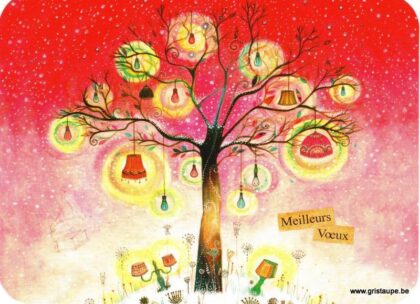 Carte de voeux de Jehanne Weyman représentant un arbre avec des lanternes