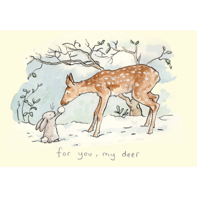 Carte de voeux avec texte en anglais représentant un petit lapin offrant une boule de neige à une biche