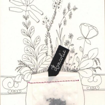 carte postale double illustrée par Papillonnage représentant un bouquet de fleurs et des graines d'ancolie dans un petit sachet cousu