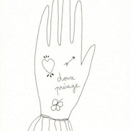 carte postale double illustrée par papillonnage et illustrant une main