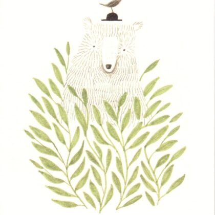 carte postale illustrée et éditée par aline tekent représentant un ours derrière une plante verte
