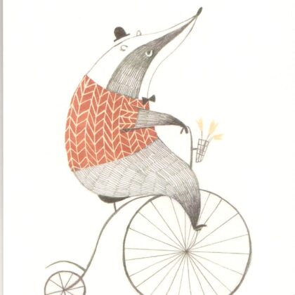 carte postale illustrée et éditée par aline tekent représentant un blaireau sur vélo