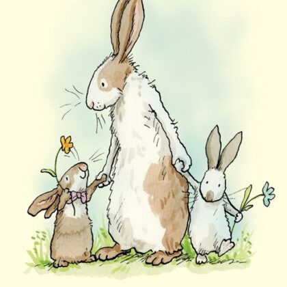 carte postale illustrée par anita jeram et éditée aux éditions two bad mice représentant un lapin offrant une fleur