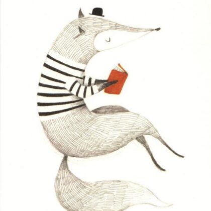 carte postale illustrée et éditée par aline tekent représentant un renard lisant un livre