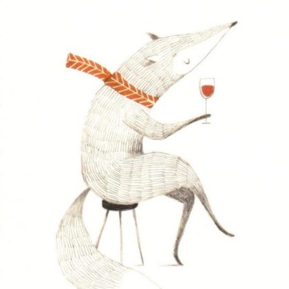 carte postale illustrée et éditée par aline tekent représentant un renard buvant un verre de vin