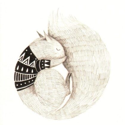 carte postale illustrée et édité par aline tekent représentant un écureuil en hibernation