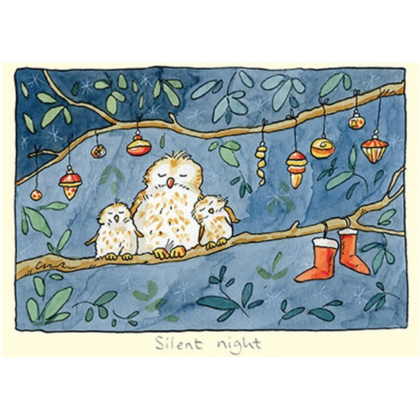 carte postale illustrée par anita jeram et éditée aux éditions two bad mice représentant des chouettes dormant sur une branche de Noel