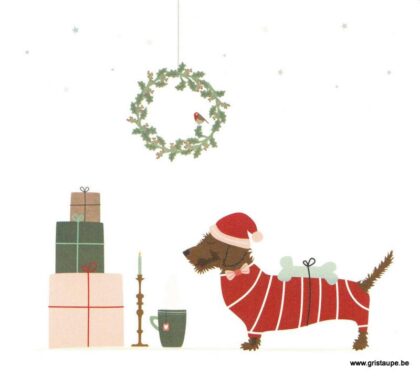 carte postale de frits illustrée par mevrouw emmer et éditée chez mailbox représentant un chien evant des cadeaux de noel sous le houx