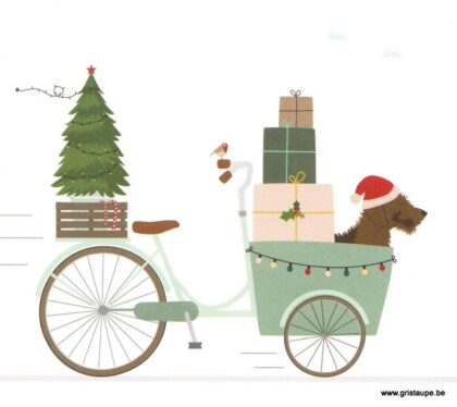 carte postale de frits illustrée par mevrouw emmer et éditée chez mailbox représentant un chien dans un vélo avec un sapins de noel et des cadeaux