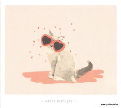 carte postale illustrée par kelly marie et éditée chez mailbox représentant un chat avec des lunettes en forme de coeur