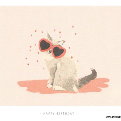 carte postale illustrée par kelly marie et éditée chez mailbox représentant un chat avec des lunettes en forme de coeur