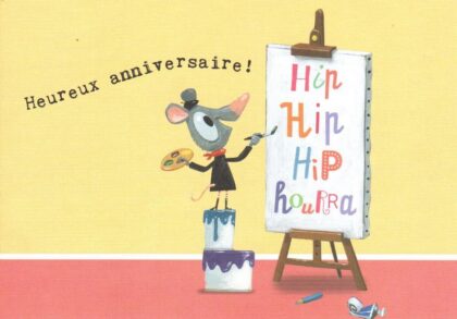 carte postale illustrée par leo timmers et éditée par enfant terrible représentant un souris peintre