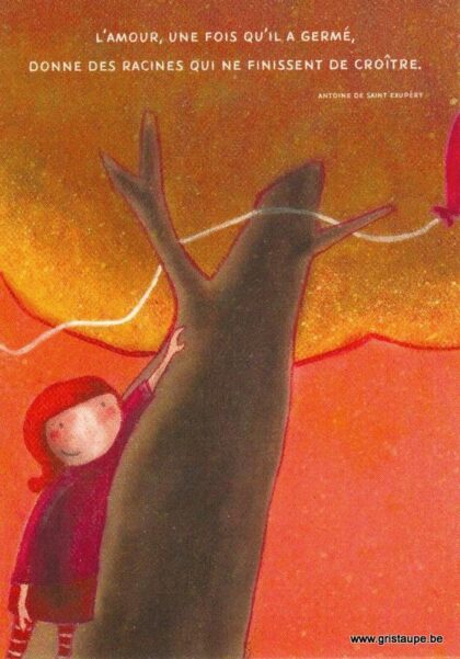 carte postale illustrée et éditée par amandine collart illustratrice sous le nom les petites choses d'amandine représentant une jeune fille caressant un arbre