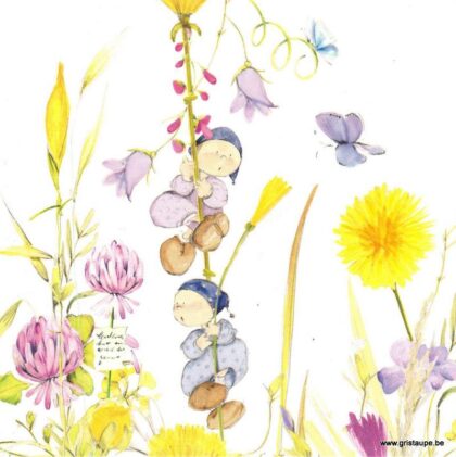 carte postale de la collection lily's garden représentant des personnage au milieu des fleurs