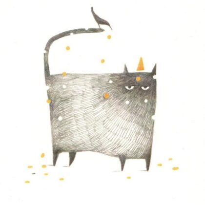 carte postale illustrée par Aline tekent et représentant un chat et un oiseau au bout de la queue