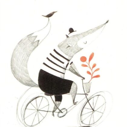 carte postale illustrée par aline tekent et représentant un renard sur une bicyclette