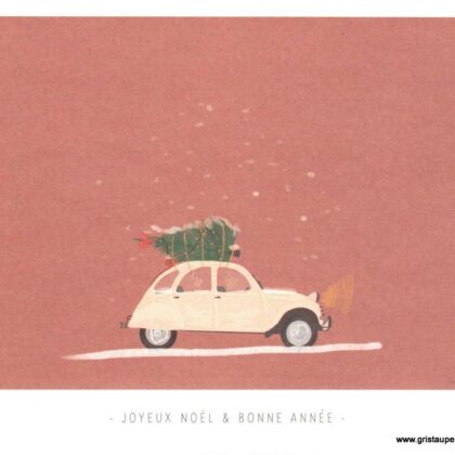 carterpostale illustrée par kelly marie représentant une 2CV avec un sapin de noël