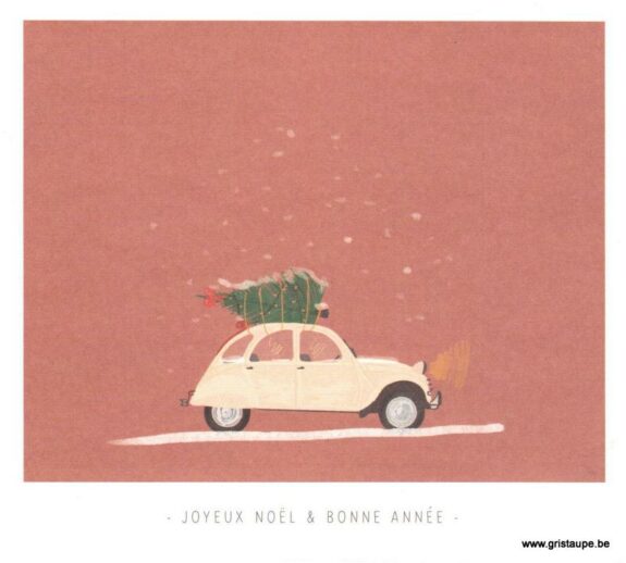 carterpostale illustrée par kelly marie représentant une 2CV avec un sapin de noël