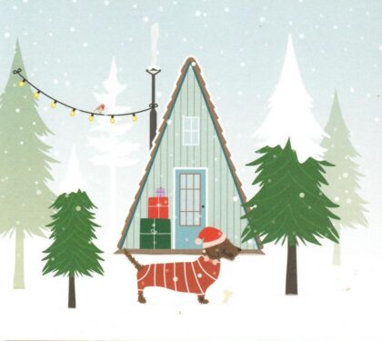 chien devant un chalet de noël