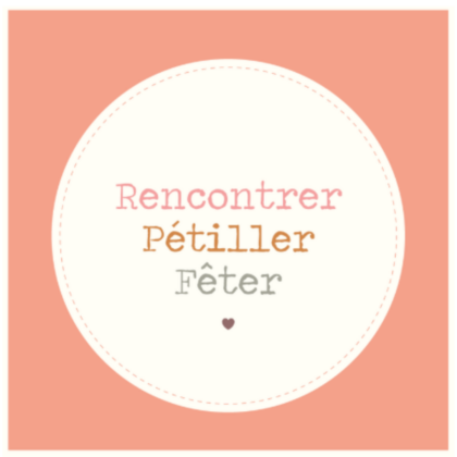 carte postale illustrée par jolis lundis texte: rencontrer, pétiller, fêter sur fond rose orangé