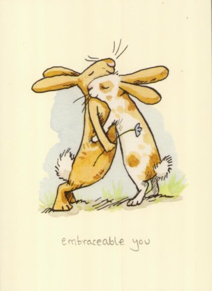 carte postale illustrée par anita jeram représentant deux lapins dans les bras l'un de l'autre