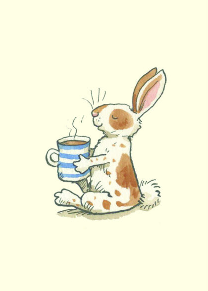 carte postle illustrée par anita jeram et éditée par two bad mice représentant un lapin avec une tasse fumante