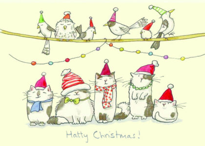 carte postale illustrée par anita jeram représentant des chats déguisés en père noël