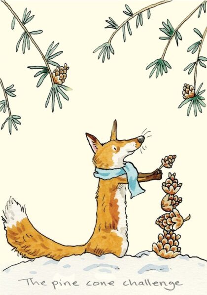 carte postale illustrée par anita jeram représentant un renard qui fait une tour de pommes de pin