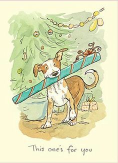 carte postale illustrée par Anita jeram représentant un chien tenant un cadeau de Noël dans sa bouche