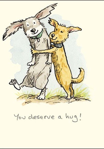 carte ostale illustrée par anita jeram et éditée par two bad mice représentant deux chiens qui s'étreignent