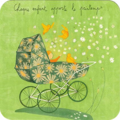carte postale illustrée par anne sophie rutsaert représentant un enfant dans un landeau fleuri entouré d'oiseaux