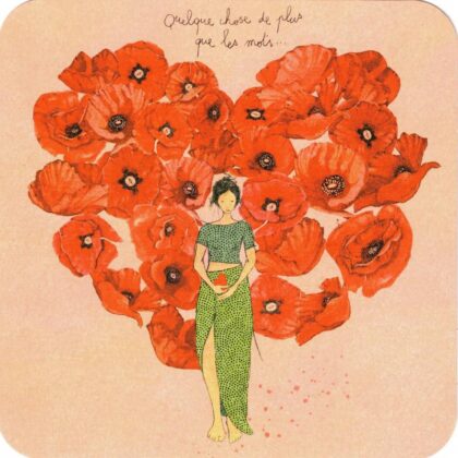 carte postale illustrée par Anne sophie rutsaert représentant un personnage entouré de coquelicots