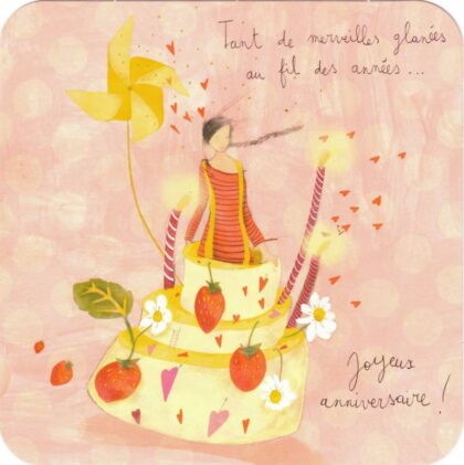 carte postale illustrée par anne sophie rutsaert représentant un personnage sortant d'un gâteau d'anniversaire