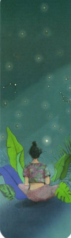 marque-page illustré par anne sophie rutsaert représentant un personnage assis en tailleur devant les étoiles