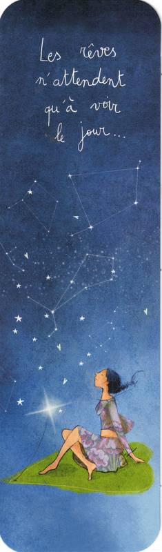 marque-page illustré par anne sophie rutsaert représentant un personnage assis au milieu des étoiles