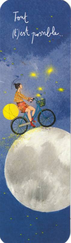 marque-page illustré par anne sophie rutsaert représentant un personnage sur un vélo autour de la lune