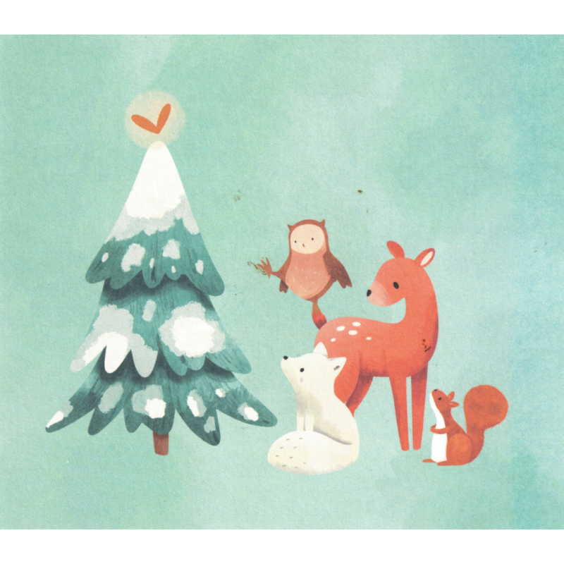 carte postale illustrée par studio noorderlicht et éditée par context cards représentant des animaux autour d'un sapin de noël