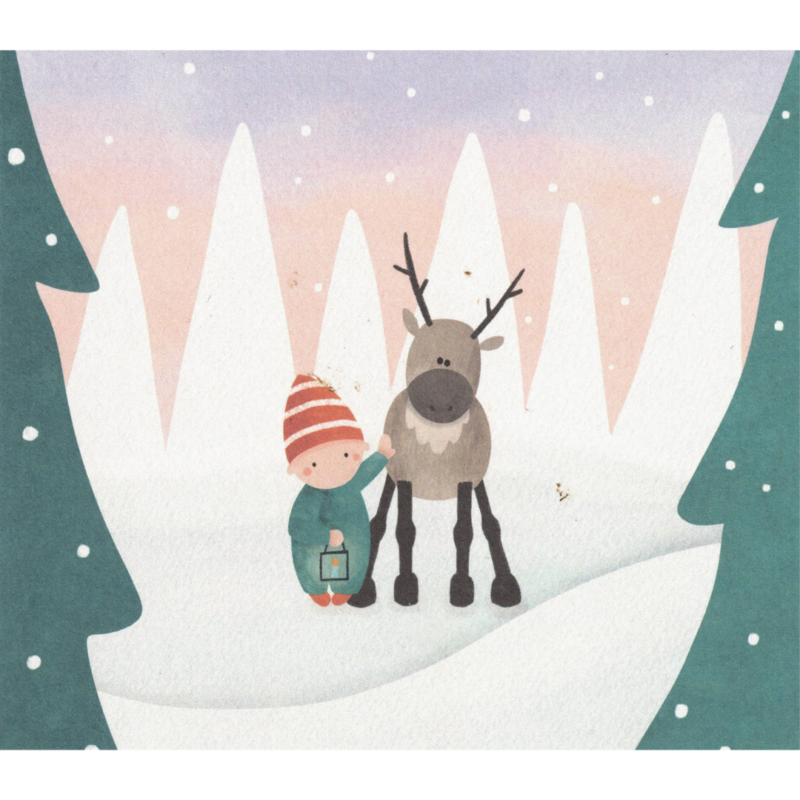 carte de voeux illustrée par studio noorderlicht et éditée par context cards représentant un renne et un enfant dans la neige