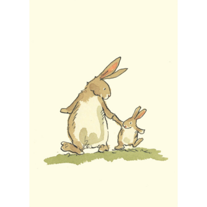 carte postale illustrée par anita jeram représentant un lapin et un lapereau main dans la main