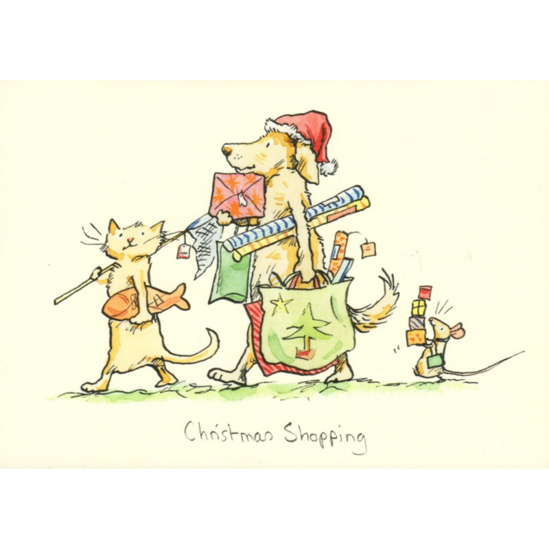 carte postale illustrée par anita jeram représentant un chien, un chat et une souris faisant su shopping